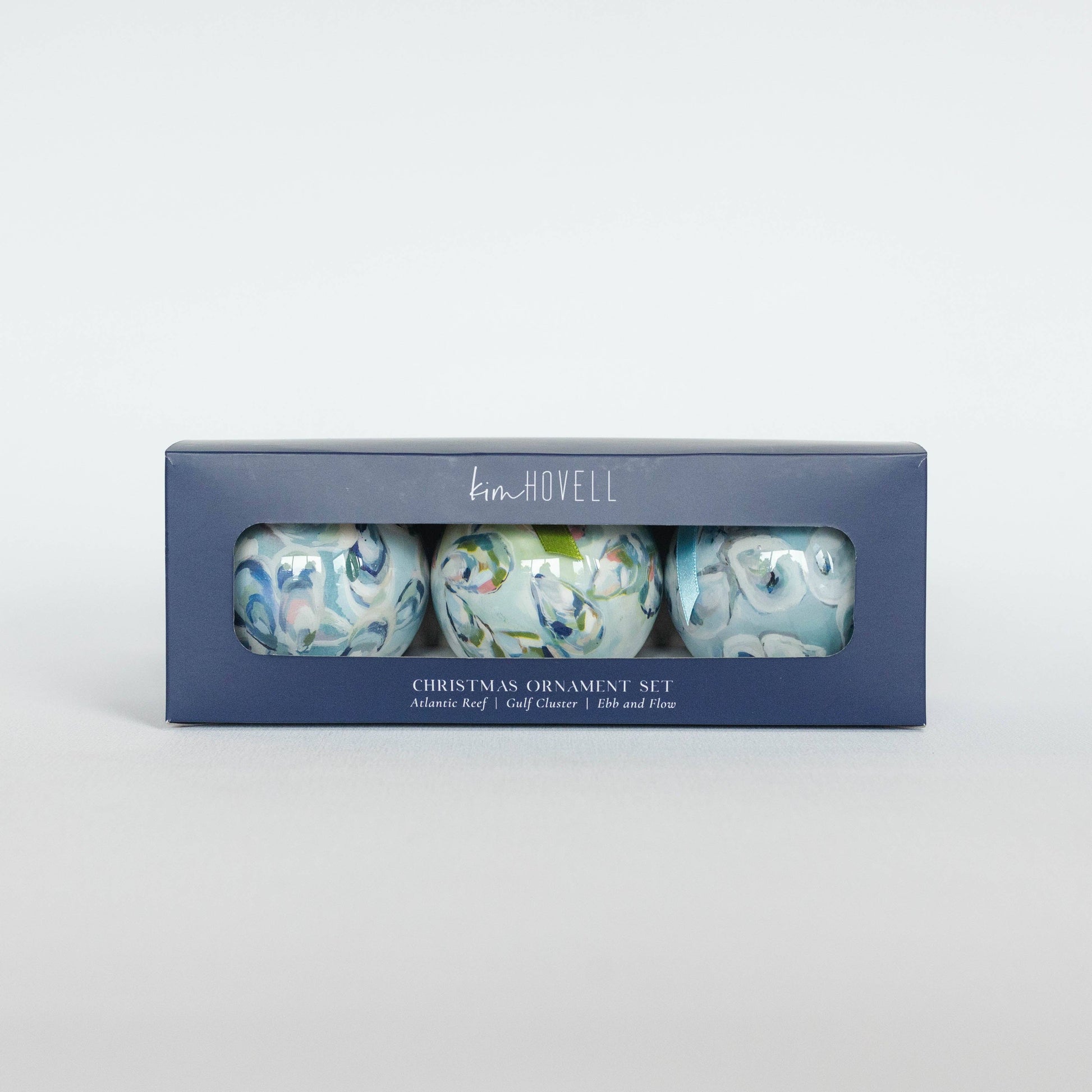 Mellow Monkey Kim Hovell Shell Trio decoupage ornament set in a blue gift box featuring coastal art designs