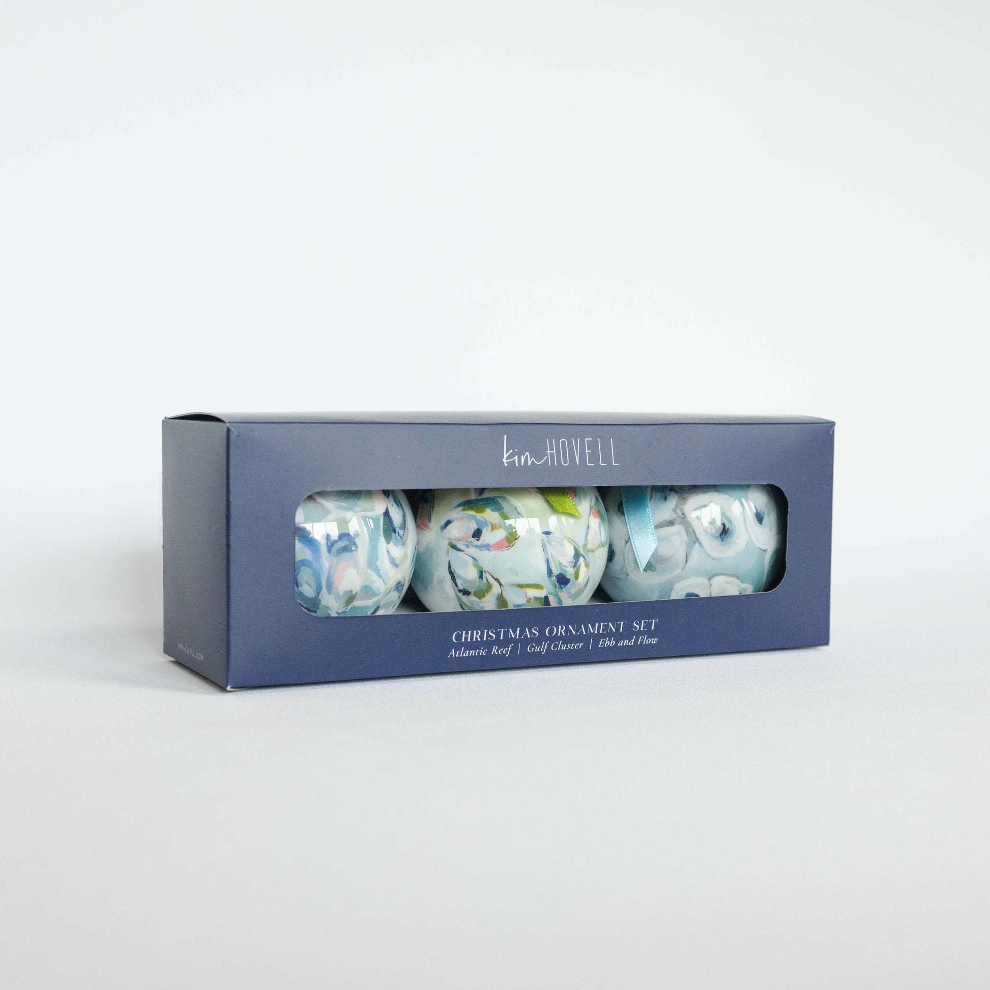 Mellow Monkey Kim Hovell shell trio decoupage ornament set in a blue gift box with Atlantic Reef and Gulf Cluster art