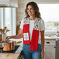 Mellow Monkey red kitchen boa with wine and cheese pattern, reads "Good Wine is Better with Good Friends"
