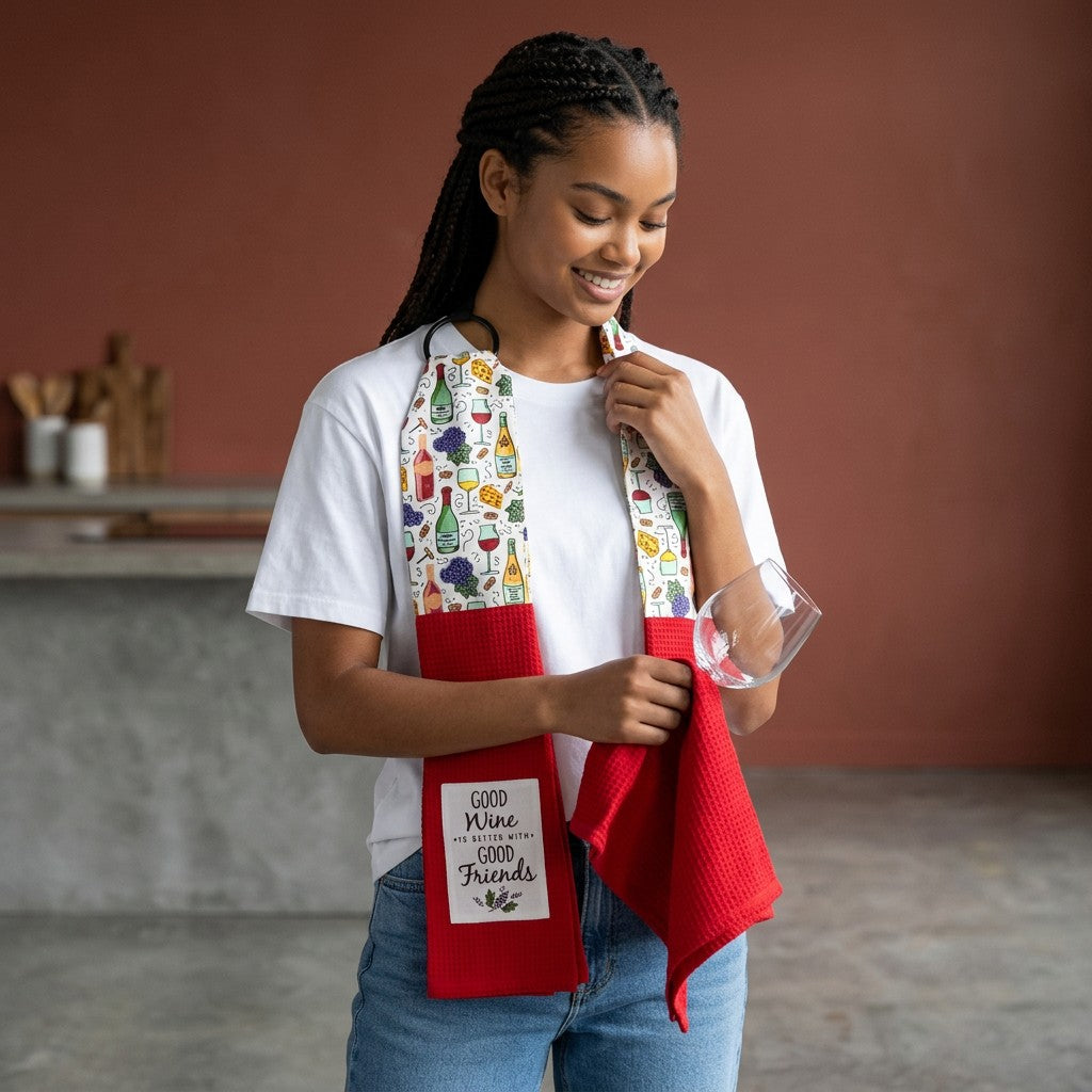 Mellow Monkey Kitchen Boa wearable towel with wine and cheese pattern and red towel with "Good Wine is Better with Good Friends" text.