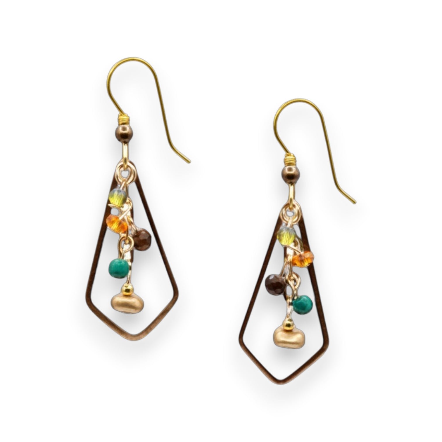 Mellow Monkey kite-shaped dangle earrings with autumn-colored beads and surgical steel ear wires.