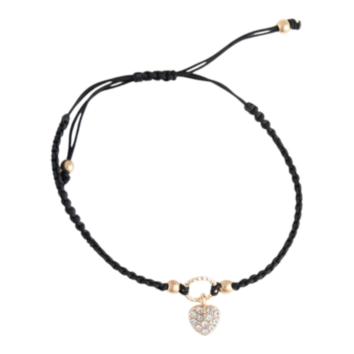 Mellow Monkey Kitt adjustable bracelet featuring a black braided band and a gold-tone heart charm with crystals.