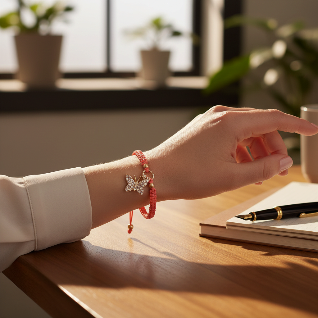 Mellow Monkey Kitt adjustable braided bracelet in coral with a sparkling butterfly charm worn on a wrist