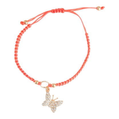 Mellow Monkey Kitt adjustable bracelet featuring a coral braided band and a sparkling butterfly charm