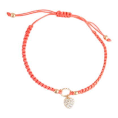 Mellow Monkey Kitt adjustable bracelet featuring a coral braided band and a sparkling heart charm with gold accents.