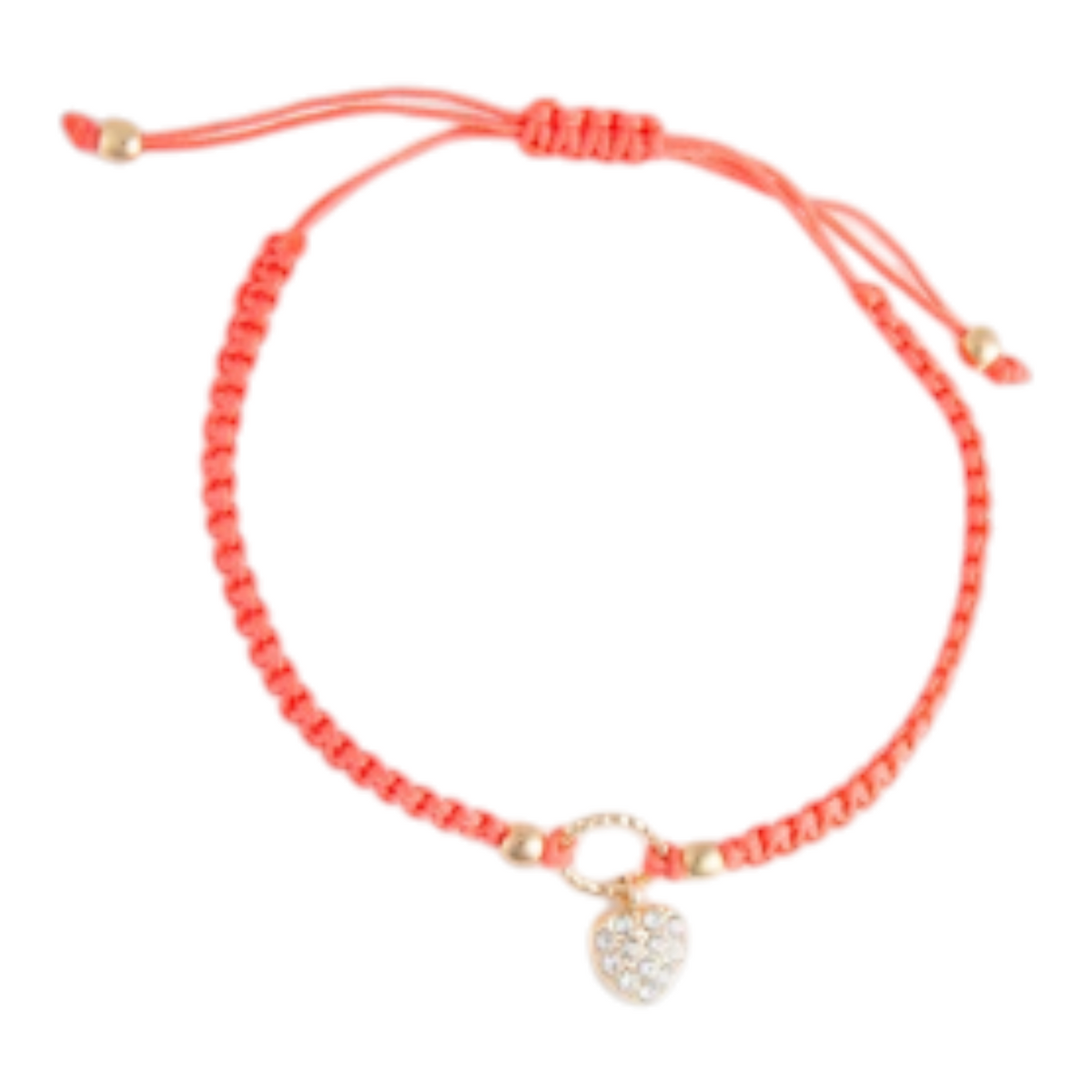 Mellow Monkey Kitt adjustable coral braided bracelet with a sparkling heart charm and gold-tone accents.