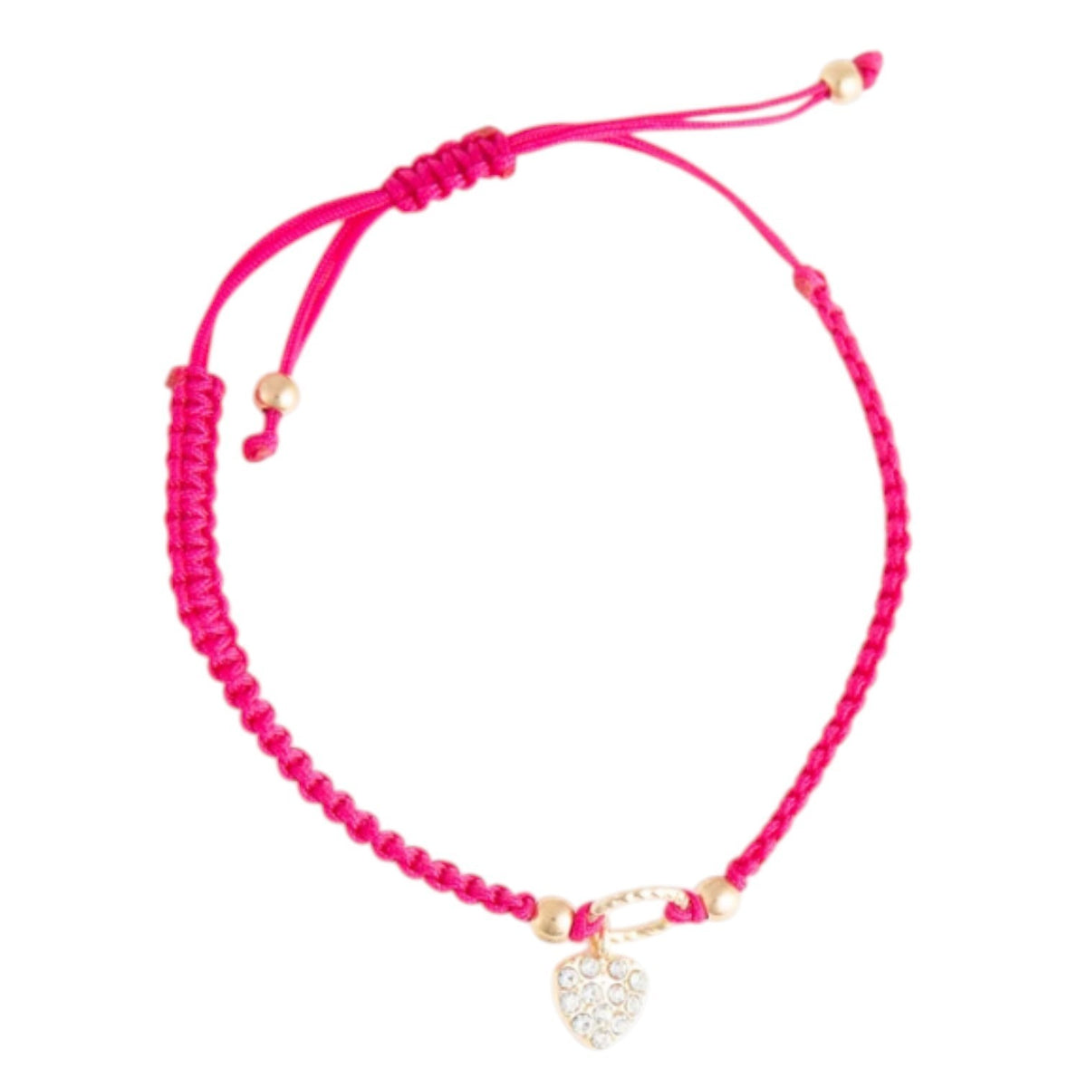 Mellow Monkey Kitt adjustable bracelet in hot pink with a braided band and a sparkling heart charm.