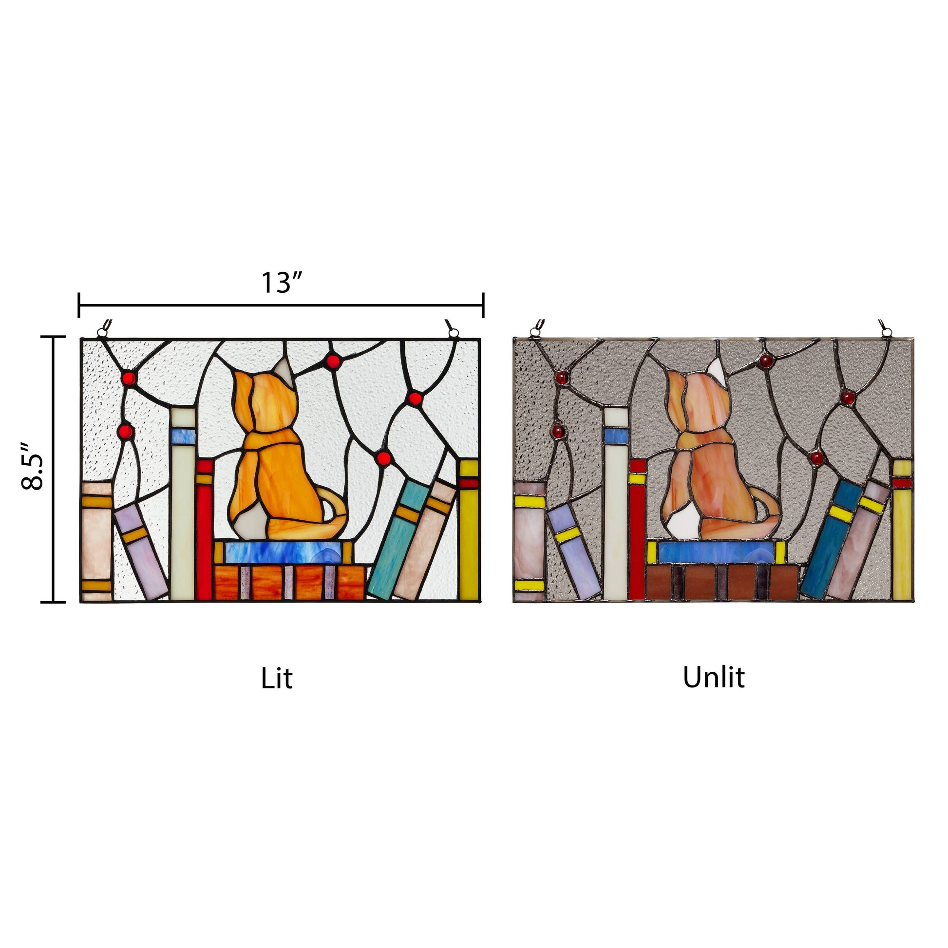 Mellow Monkey stained glass window panel featuring a kitten sitting on books, shown in both lit and unlit states.