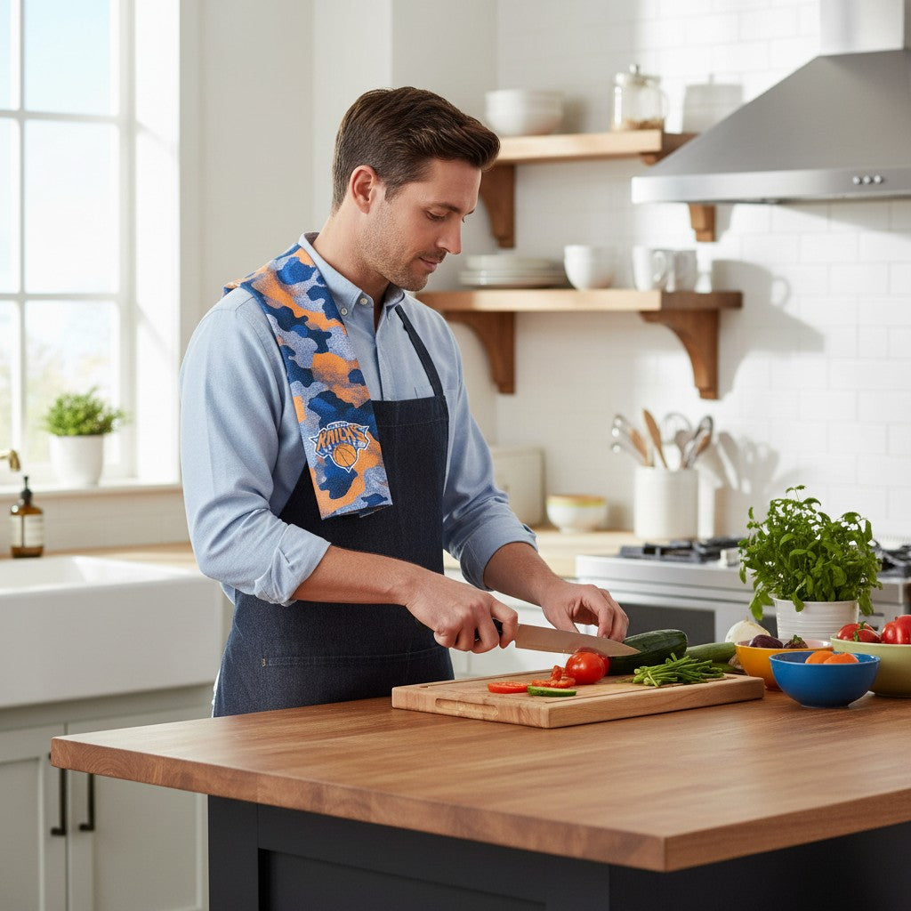 Mellow Monkey Knicks camo tea towel draped over a man's shoulder while he chops vegetables in a modern kitchen.
