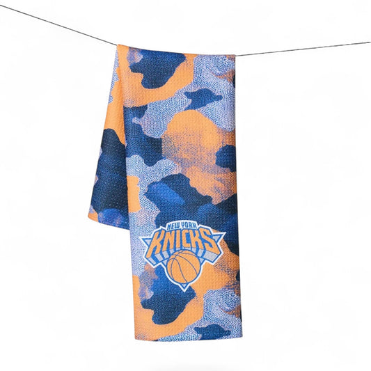 Mellow Monkey Knicks camo kitchen tea towel with orange and blue team logo, made from recycled materials.