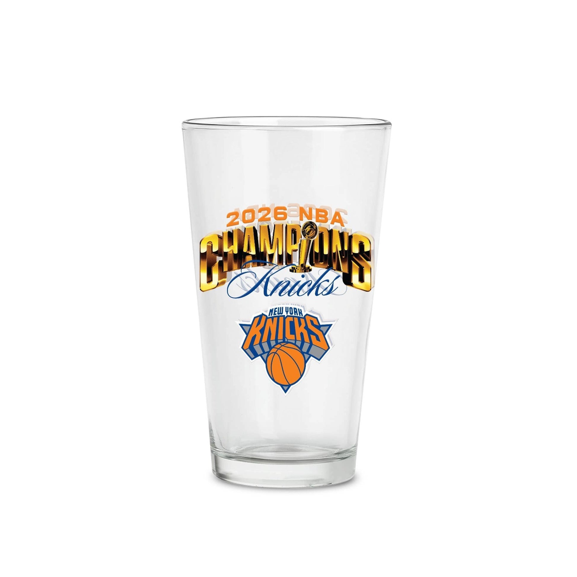 Mellow Monkey 16-oz clear glass pint featuring NY Knicks 2026 NBA Champions graphics and team logo