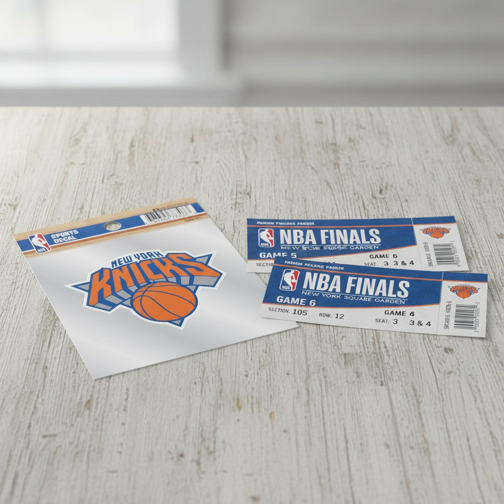 Mellow Monkey New York Knicks vinyl decal and NBA Finals ticket stubs on a wooden table.