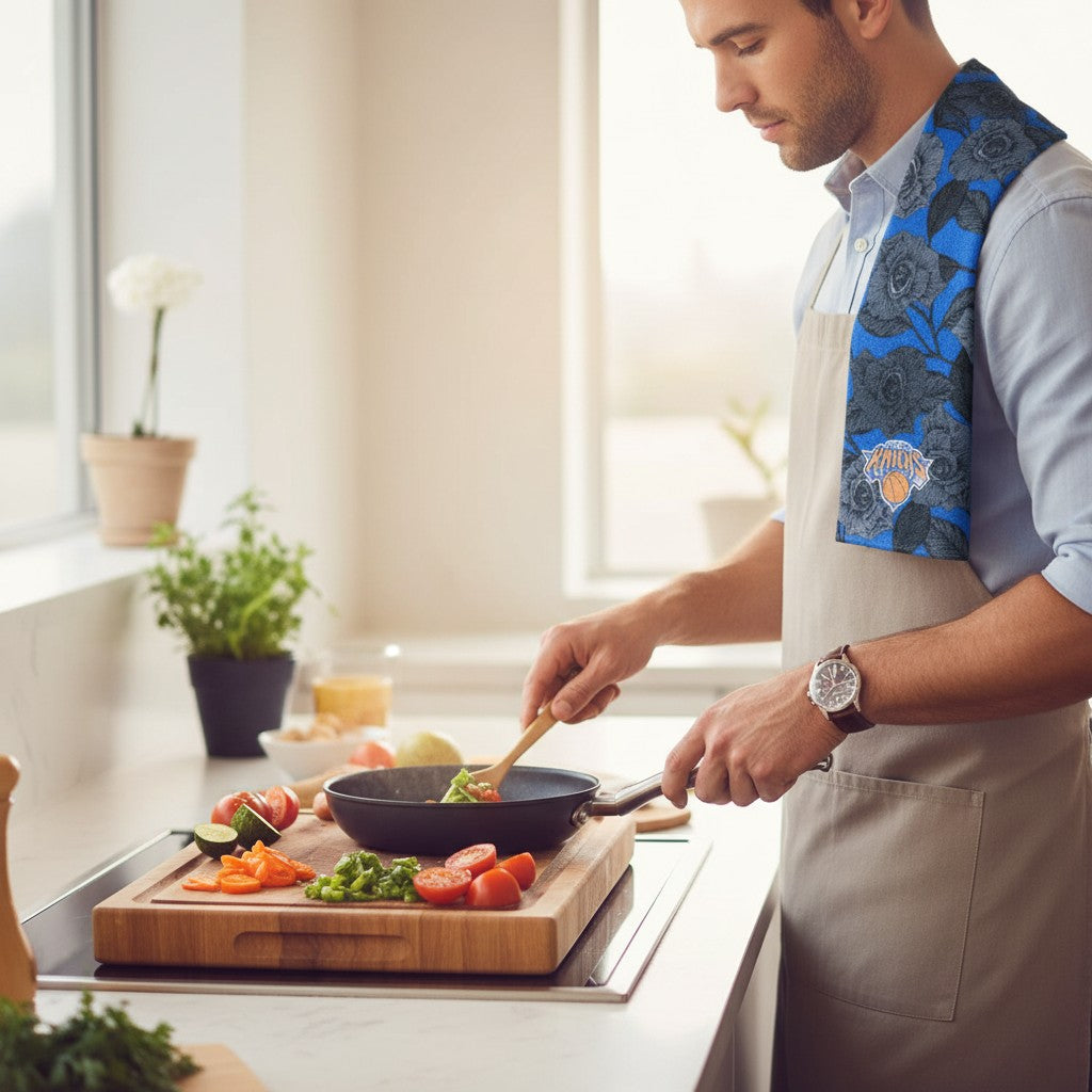 Mellow Monkey Knicks floral tea towel draped over a man's shoulder while cooking in a bright kitchen