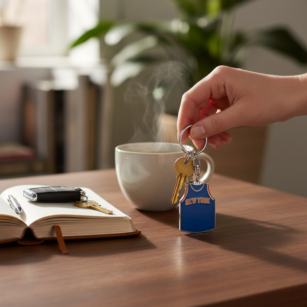 Mellow Monkey NBA New York Knicks reversible jersey keychain held by a hand next to a coffee mug and notebook