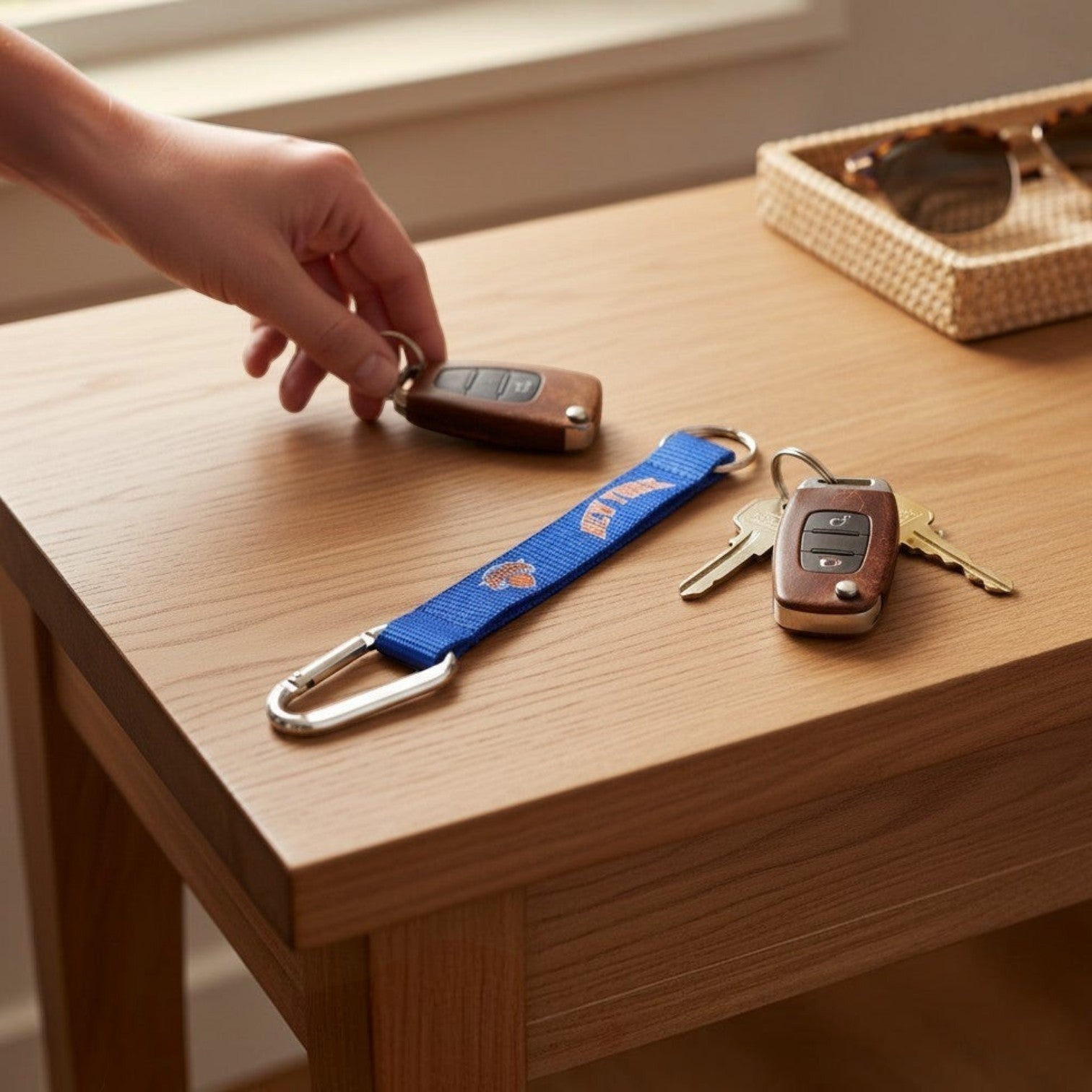 Mellow Monkey blue New York Knicks carabiner lanyard keychain with team logo on a wooden table with car keys.