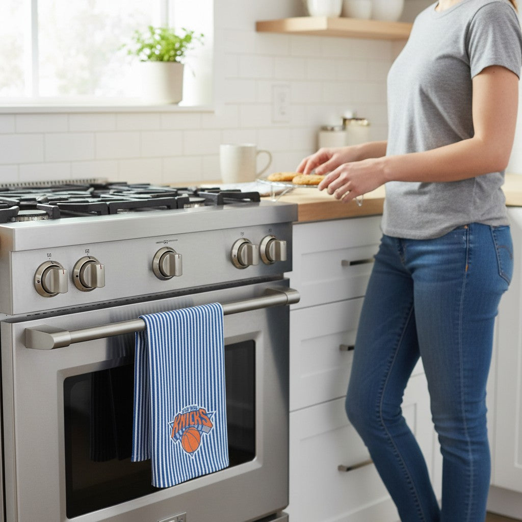 Mellow Monkey Knicks classic blue and white striped tea towel hanging on a stainless steel oven handle in a kitchen.