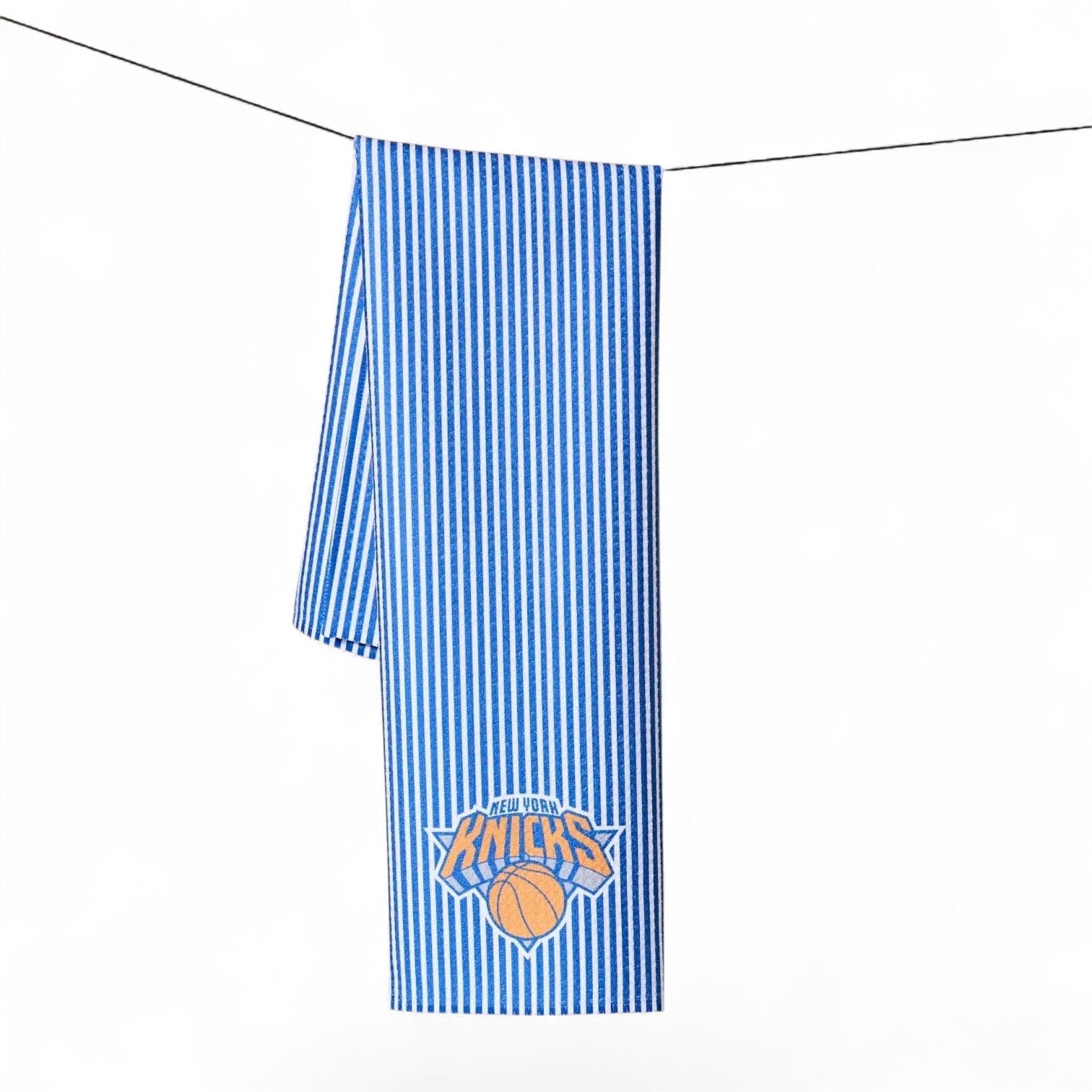 Mellow Monkey Knicks Classic blue and white striped kitchen tea towel with official New York Knicks basketball logo