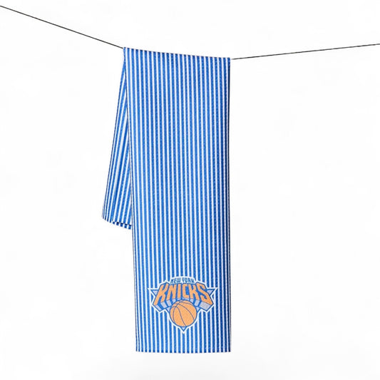 Mellow Monkey Knicks Classic blue and white striped kitchen tea towel with official New York Knicks basketball logo