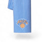 Mellow Monkey Knicks blue and white striped kitchen tea towel with official New York Knicks basketball team logo.