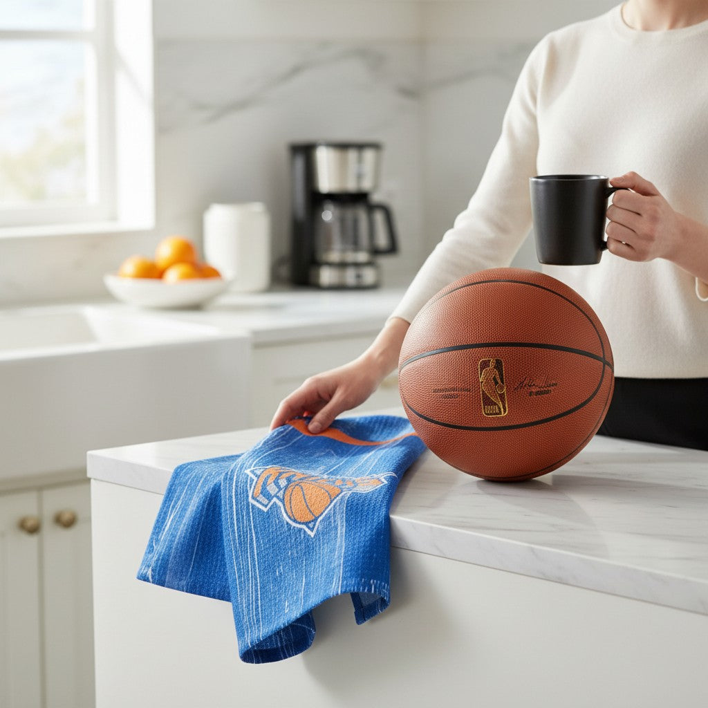 Mellow Monkey Knicks Zone tea towel featuring blue NBA team graphics on a kitchen counter next to a basketball