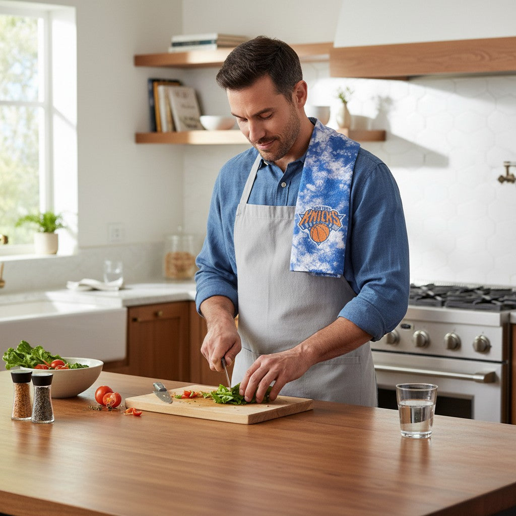 Mellow Monkey Knicks Flash tea towel with blue tie-dye pattern and NBA team logo draped over a man in a kitchen