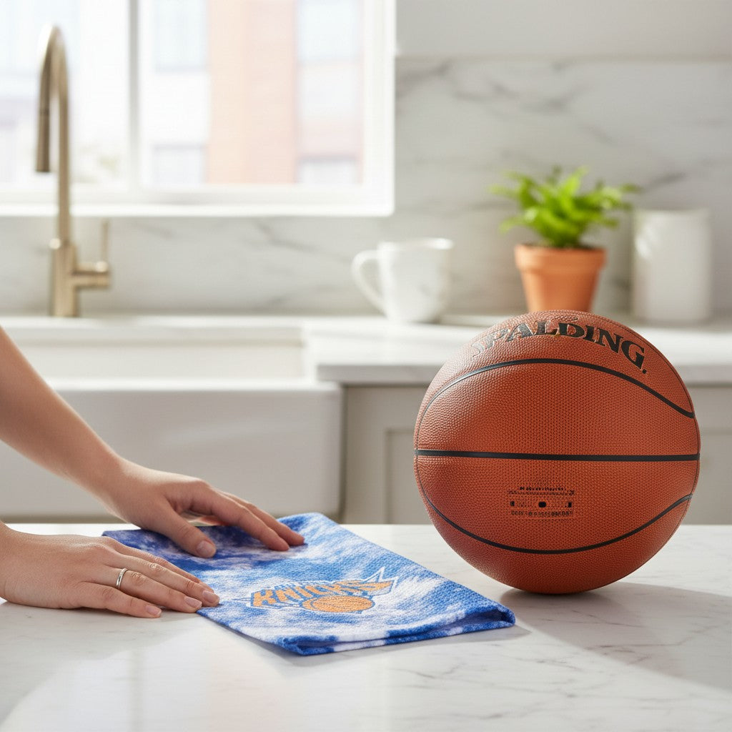 Mellow Monkey Knicks Flash tea towel with blue tie-dye pattern and NBA team logo on a kitchen counter with basketball