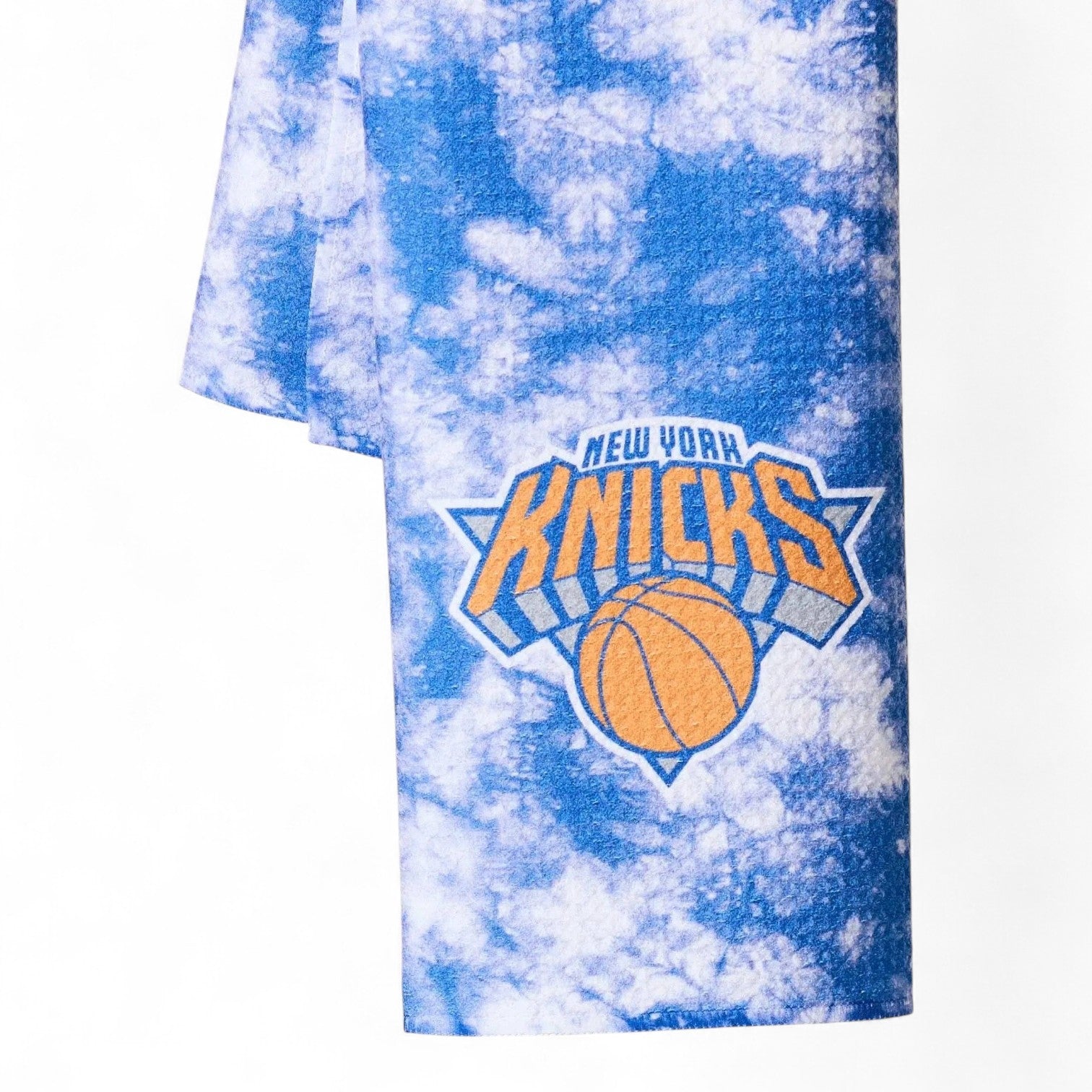 Mellow Monkey New York Knicks blue and white tie-dye kitchen tea towel with team logo and basketball graphic