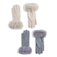Mellow Monkey knit gloves in ivory and gray with soft faux fur cuffs for winter warmth and style.