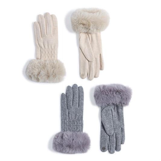 Mellow Monkey knit gloves in ivory and gray with soft faux fur cuffs for winter warmth and style.