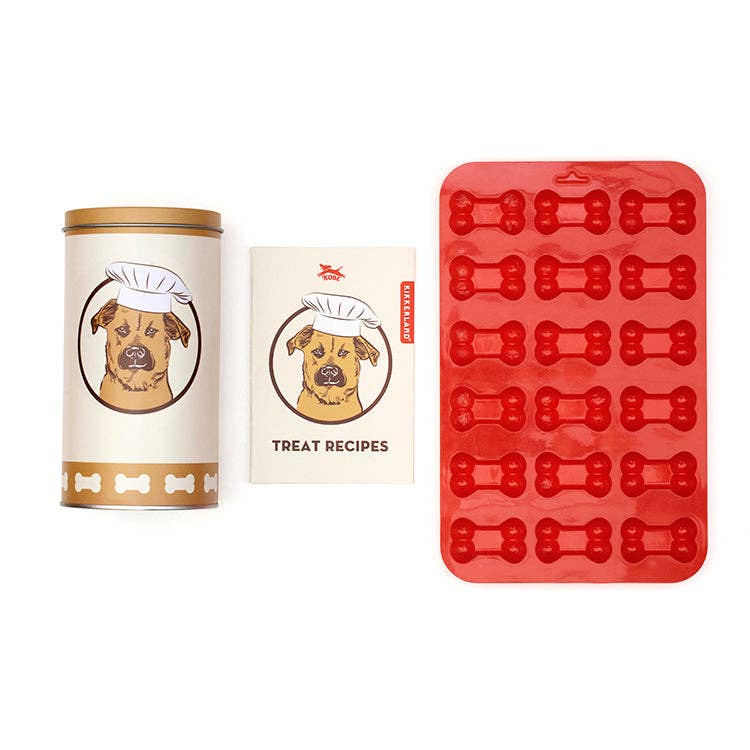 Mellow Monkey Kobe dog treat kit with a red silicone bone mold, recipe book, and keepsake storage tin.