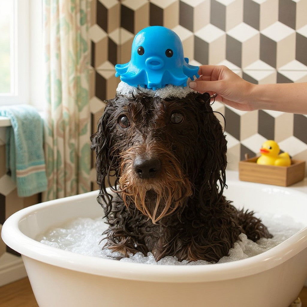 Mellow Monkey Kobe Octopus Grooming Brush in blue being used to lather a wet dog in a bathtub.