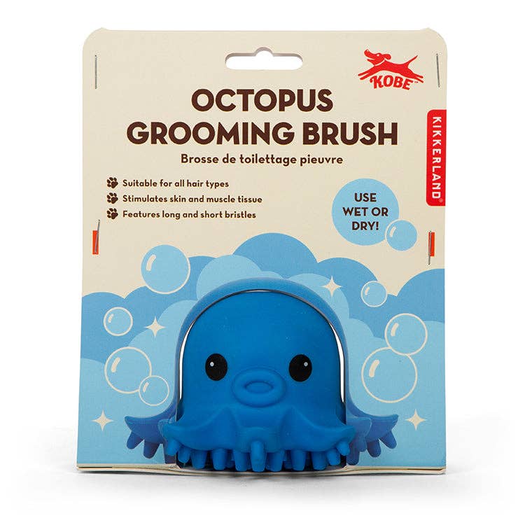 Mellow Monkey Kobe Octopus pet grooming brush in blue with soft massaging bristles for wet or dry use