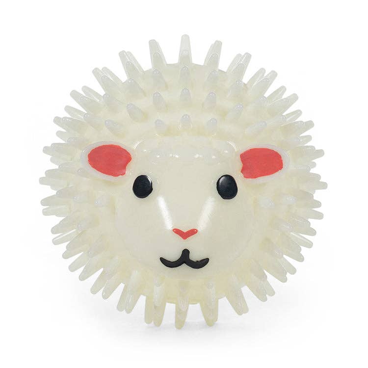 Mellow Monkey Kobe Sheep Dog Ball, a white squeaky TPR toy with a cute lamb face and spiky texture for pets.