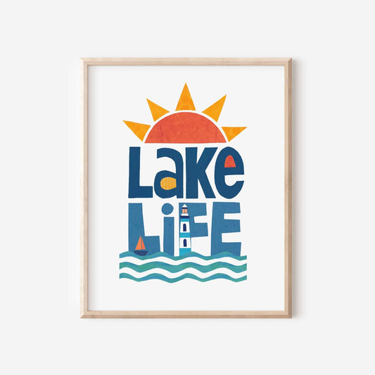 Mellow Monkey Lake Life art print with sun, lighthouse, sailboat, and waves. Wood frame.
