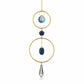 Mellow Monkey Lapiz healing ornament suncatcher with blue gemstones and crystals suspended in gold bronze rings.