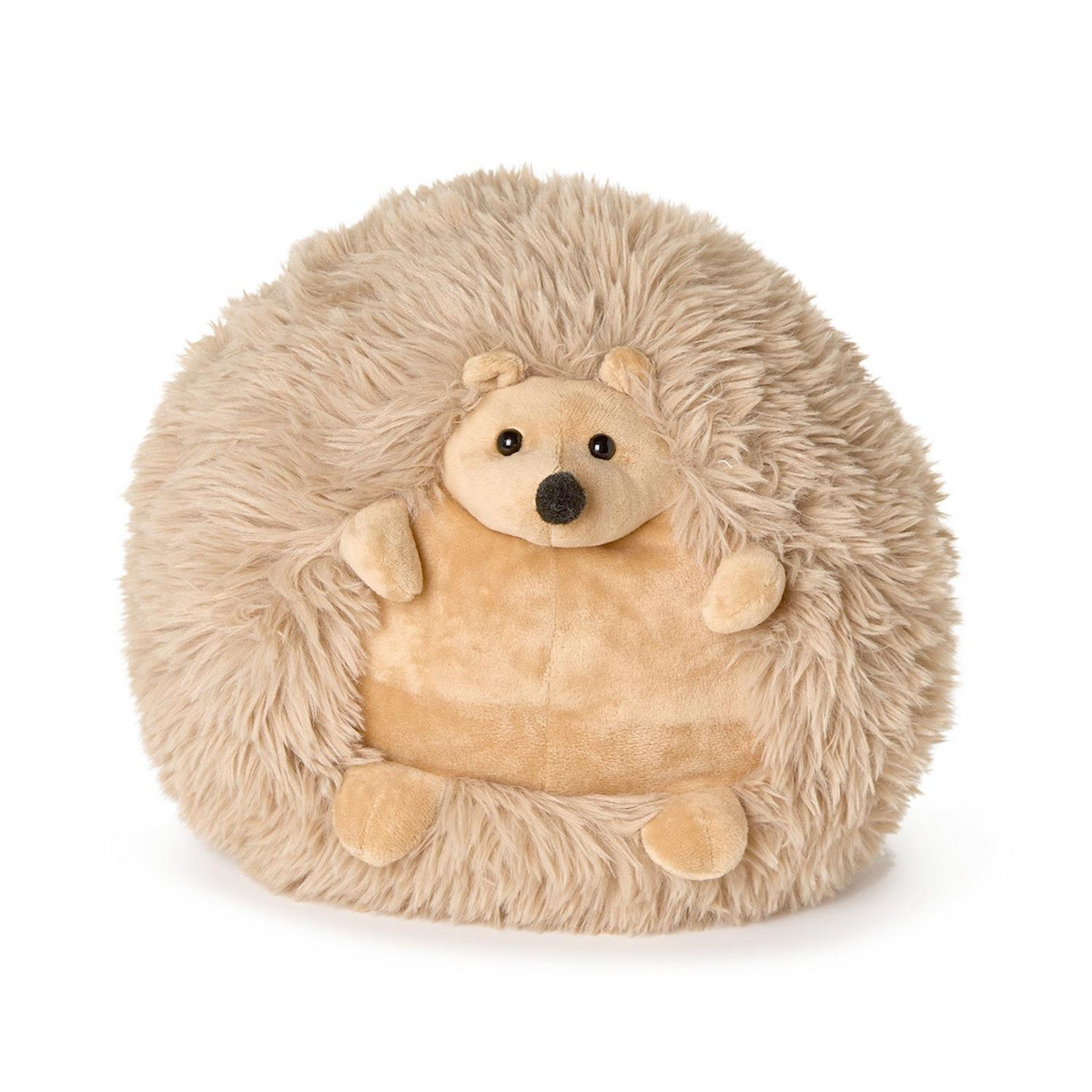 Mellow Monkey large beige hedgehog plush toy with super soft shaggy polyester fur for cozy cuddling.