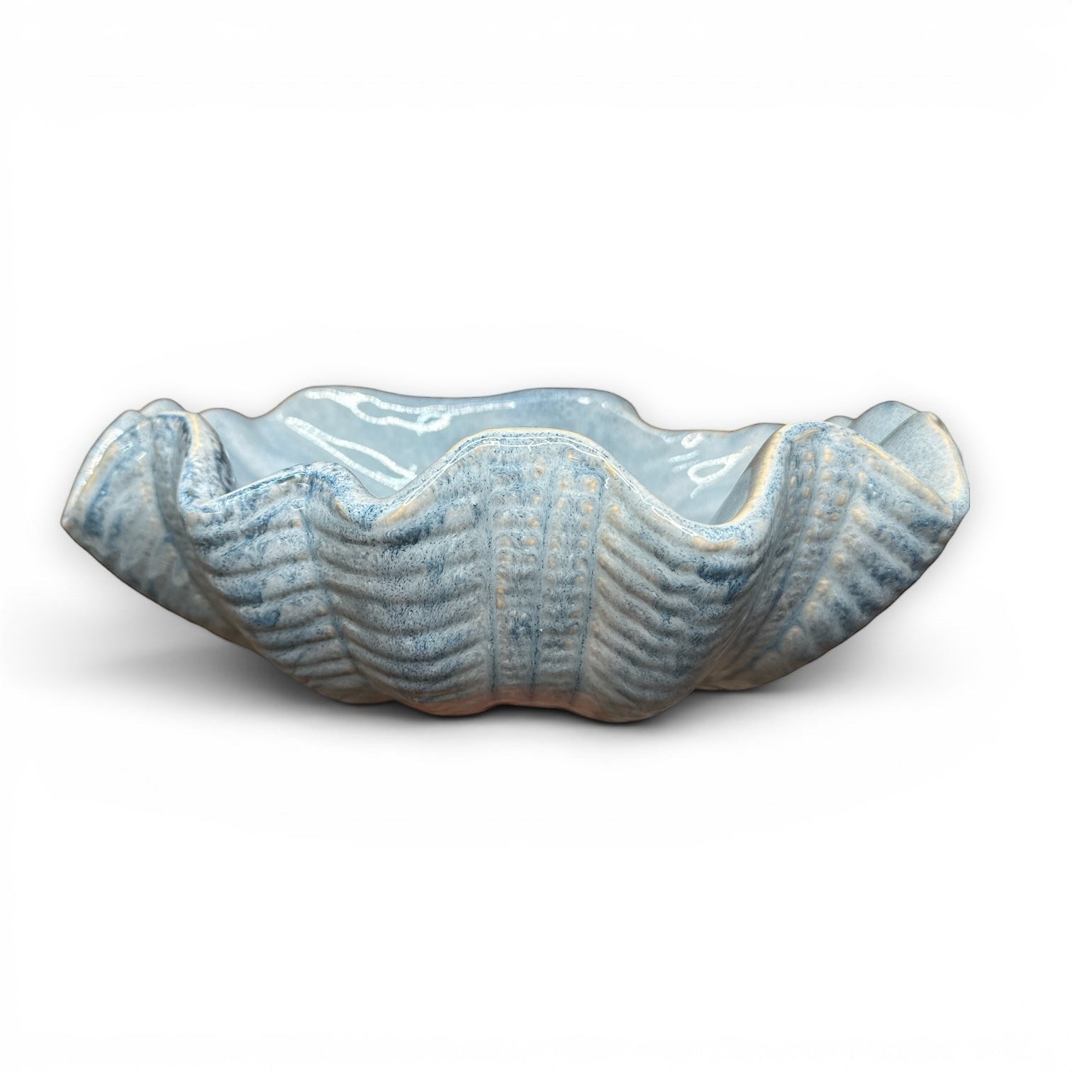 Mellow Monkey large ceramic shell bowl in dusty blue with a reactive glaze and organic clam shell silhouette.
