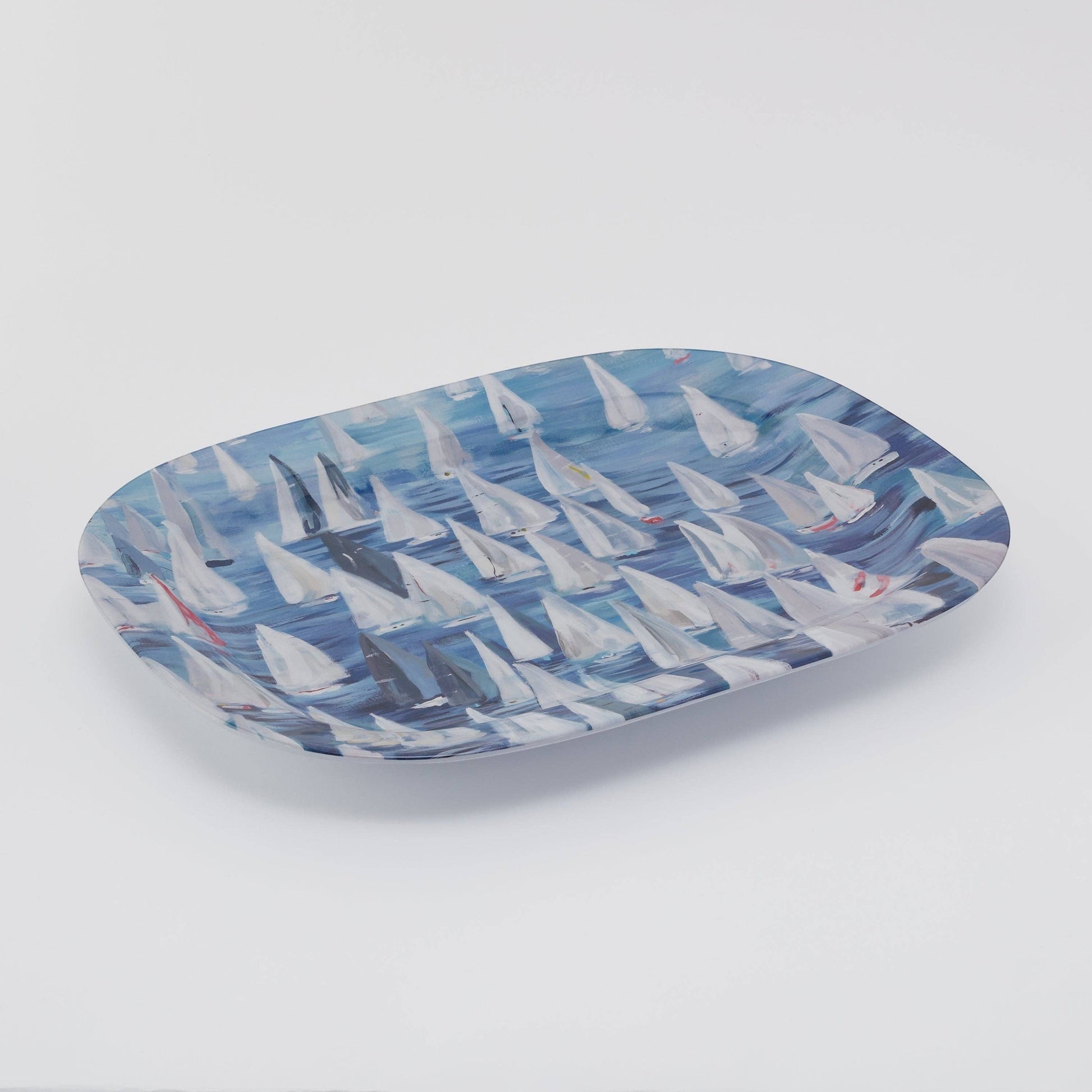 Mellow Monkey large melamine platter with a vibrant 'Race Day' design of sailboats on blue water. Dishwasher safe.