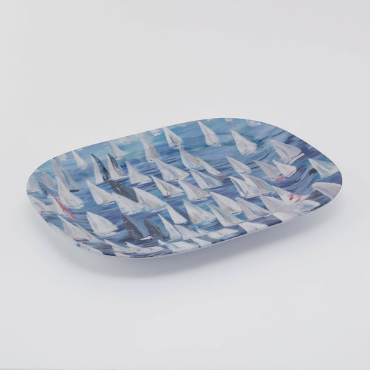 Mellow Monkey large melamine platter with a vibrant 'Race Day' design of sailboats on blue water. Dishwasher safe.