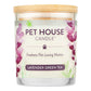 Mellow Monkey Pet House Candle in Lavender Green Tea scent with a bamboo lid and floral watercolor label design.