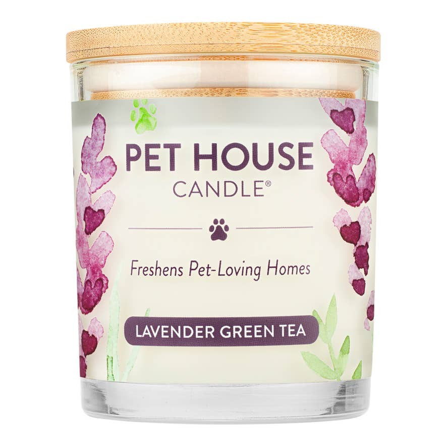 Mellow Monkey Pet House Candle in Lavender Green Tea scent with a bamboo lid and floral watercolor label design.