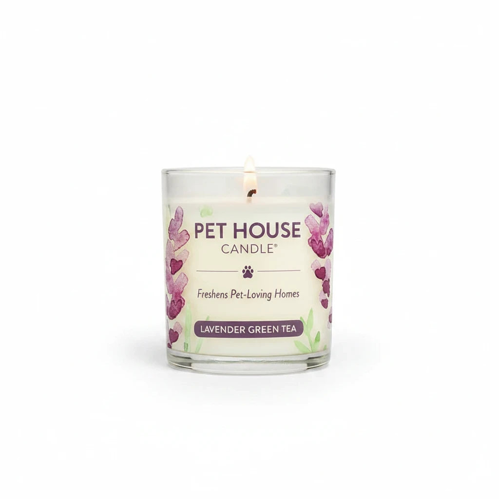 Mellow Monkey Pet House Lavender Green Tea scented candle in a clear glass jar with watercolor floral label