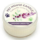 Mellow Monkey Pet House mini candle in Lavender Green Tea scent with a floral label and paw print design
