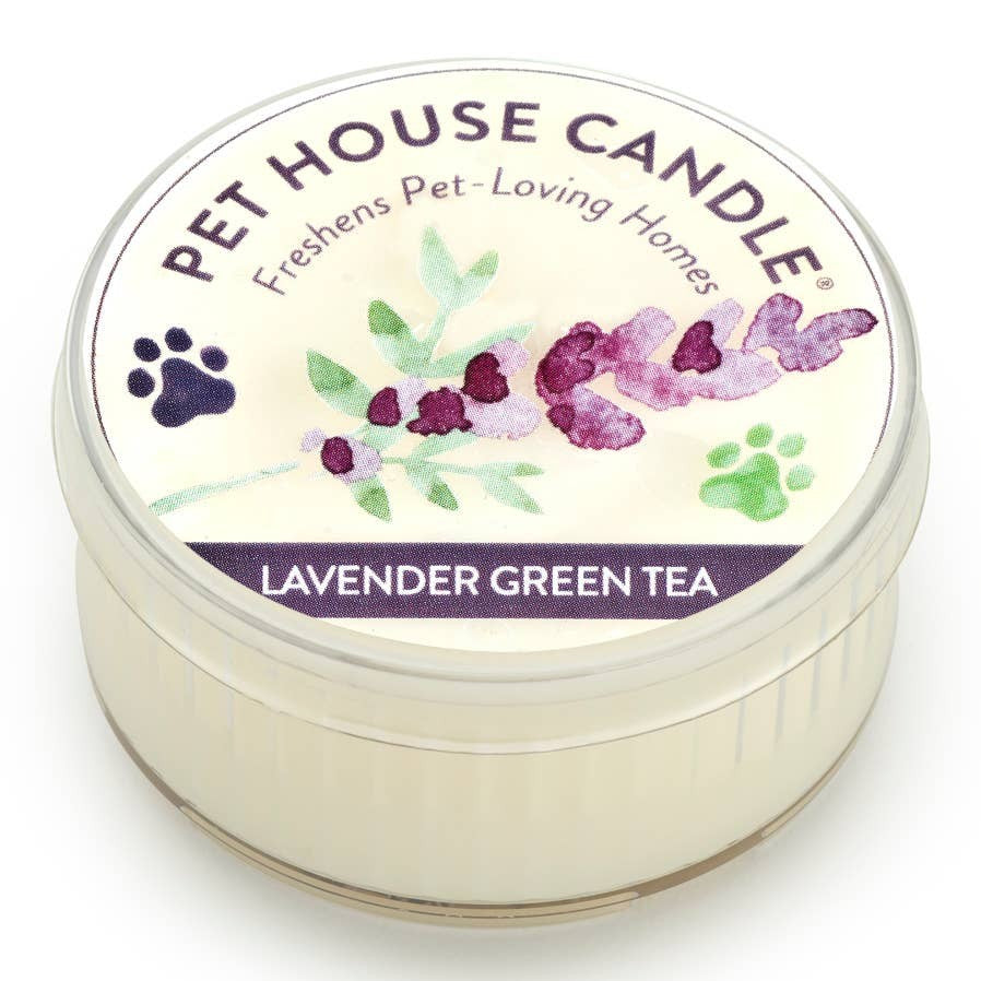 Mellow Monkey Pet House mini candle in Lavender Green Tea scent with a floral label and paw print design