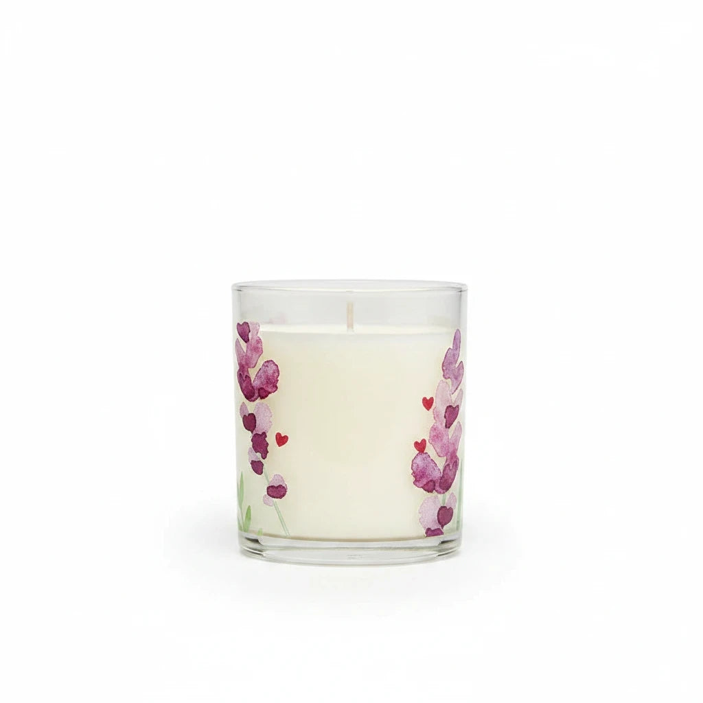 Mellow Monkey Lavender Green Tea scented pet odor neutralizing candle in a glass jar with floral watercolor art