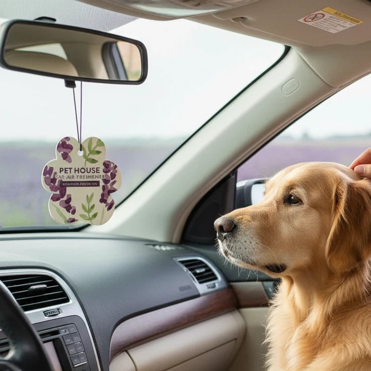Mellow Monkey Pet House lavender green tea paw-shaped car air freshener hanging in a car with a golden retriever