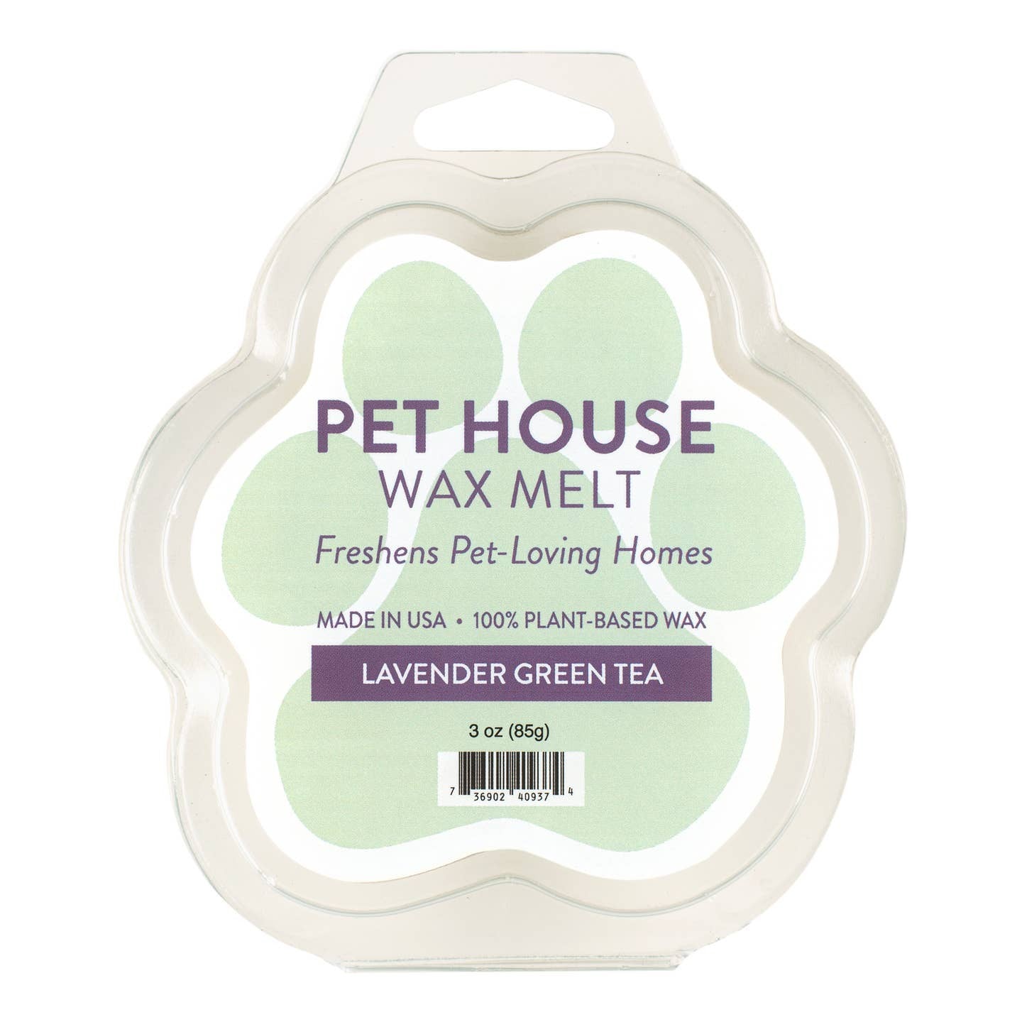 Mellow Monkey Lavender Green Tea scented wax melt in a paw-shaped plastic container for pet-loving homes.