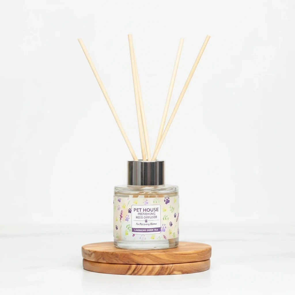 Mellow Monkey Pet House Lavender Green Tea reed diffuser in a glass bottle with wooden reeds on a round wood base.