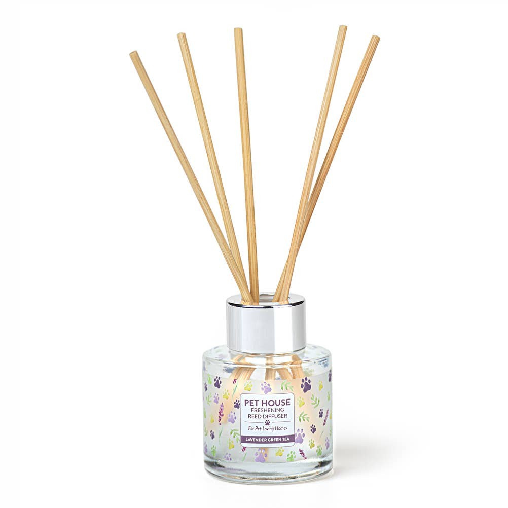 Mellow Monkey Pet House reed diffuser in Lavender Green Tea scent with paw print glass bottle and wooden reeds.