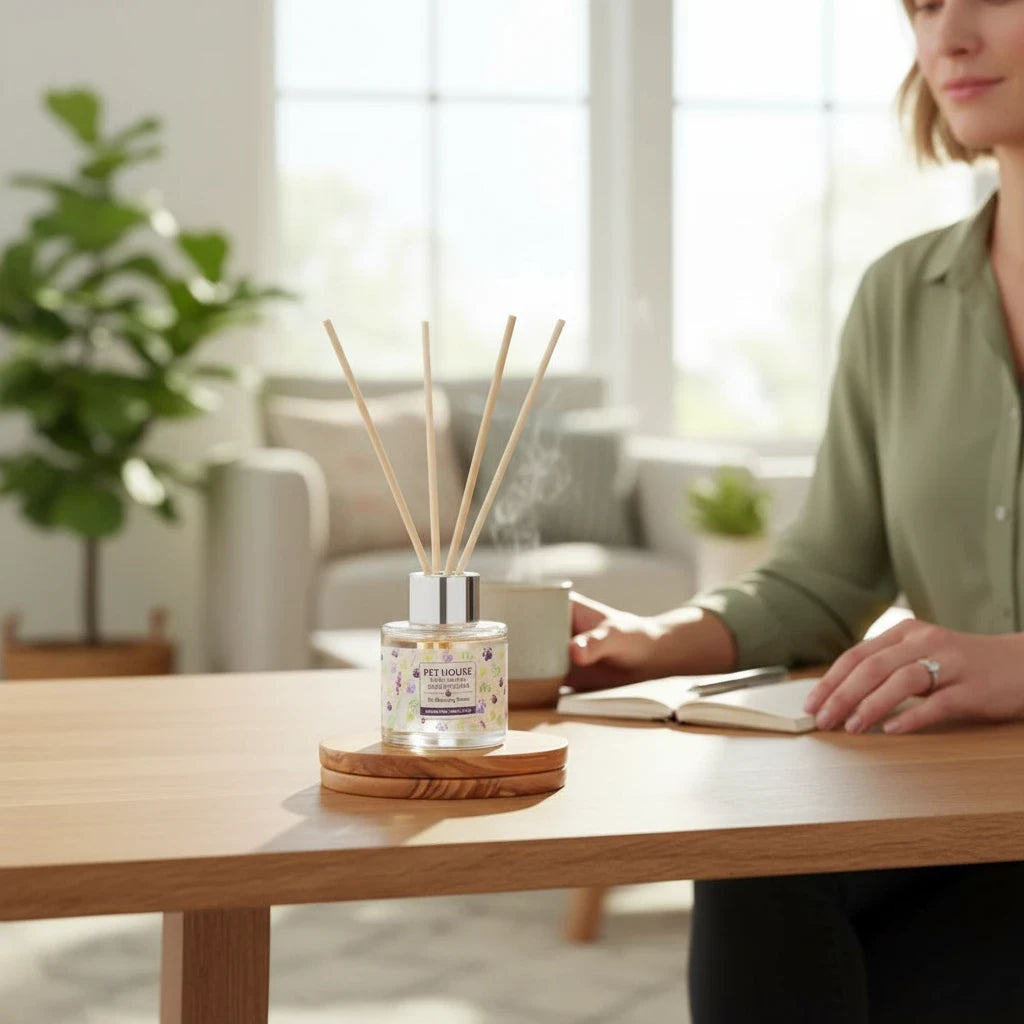 Mellow Monkey Pet House reed diffuser in lavender green tea scent on a wooden table in a bright living room